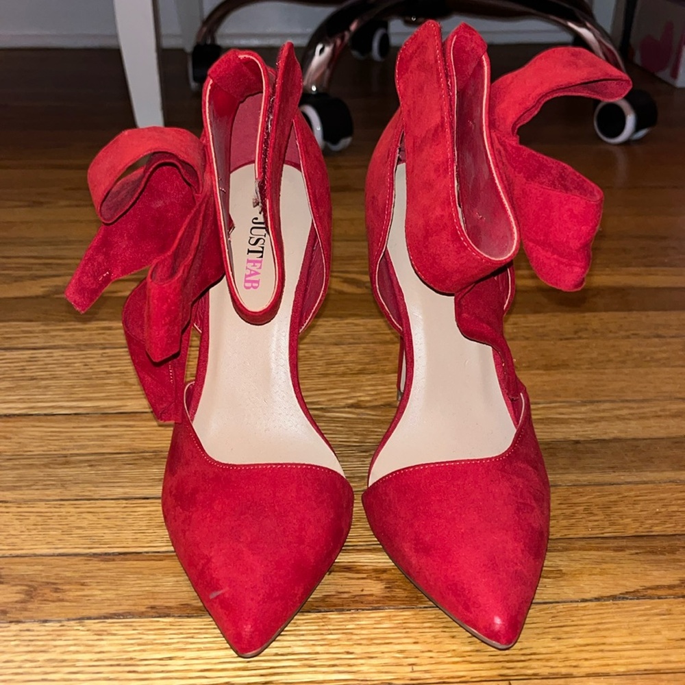 Women’s red justfab stiletto heels with bow detail on ankles